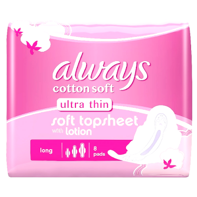 always cotton soft ultra thin long 8 pads  soft topsheet with lotion